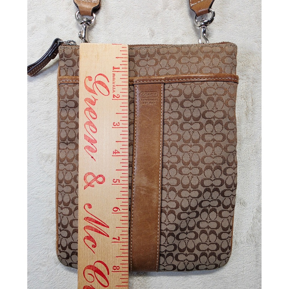 Coach Signature Jacquard Crossbody Bag Tan Leather Trim Slim Messenger Brown - Picture 8 of 12